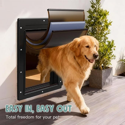 Durable Frame 3-Flaps Insulated Wall Dog Door, Extreme Weather Large Doggy Door for Wall, Never Rust Wall Pet Door, Telescoping Tunnel, 2 Magnetic Flaps, Closing Panel, for Pet Up to 100lb