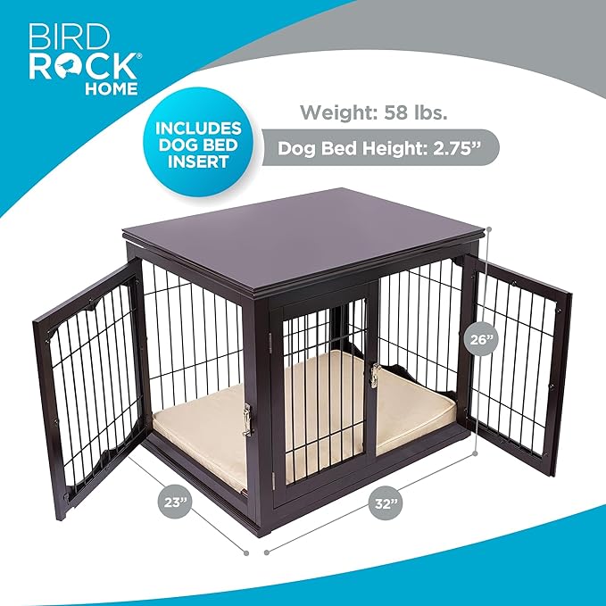 Internet's Best Decorative Dog Kennel with Pet Bed | Double Door | Wooden Wire Dog House | Large Indoor Pet Crate Side Table | Espresso