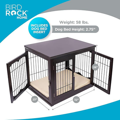 Internet's Best Decorative Dog Kennel with Pet Bed | Double Door | Wooden Wire Dog House | Large Indoor Pet Crate Side Table | Espresso