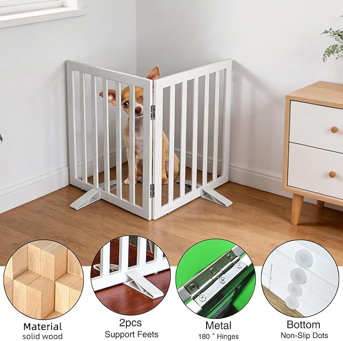 ZJSF Freestanding Indoor Dog Gate for House Foldable Wood White Puppy Gate for Doorways Pet Gate for Stairs Extra Wide Pet Fence 32" Height 2 Panels