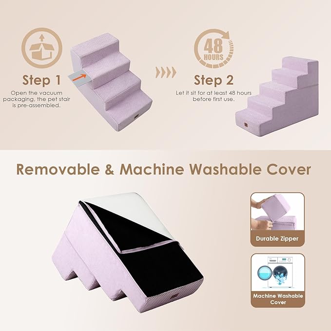EHEYCIGA Dog Stairs for High Bed 22.5" H, 5-Step Dog Steps for Bed, Pet Steps for Small Dogs and Cats, Non-Slip Balanced Pet Ramp Indoor, Lilac
