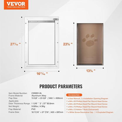 VEVOR Pet Door for Interior and Exterior Doors, Aluminum Frame, Metal Closing Panel and Lock, Strong and Durable Dog Door, Pet Door Suitable for Extra Large Dogs (White-Extra Large)