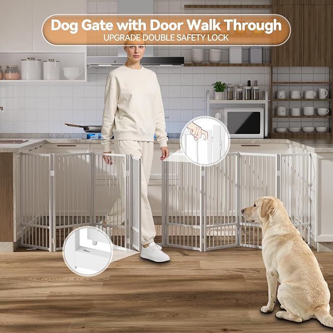 SNUOWU Full Metal Freestanding Dog Gate with Door, 36''Height Foldable Pet Dog Fence for Indoor & Outdoor, 8 Panels Extra Wide Free Standing TallDog Gates for Doorways,House,Stairs,Porch,Deck,Yard