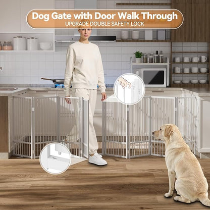 SNUOWU Full Metal Freestanding Dog Gate with Door, 36''Height Foldable Pet Dog Fence for Indoor & Outdoor, 8 Panels Extra Wide Free Standing TallDog Gates for Doorways,House,Stairs,Porch,Deck,Yard