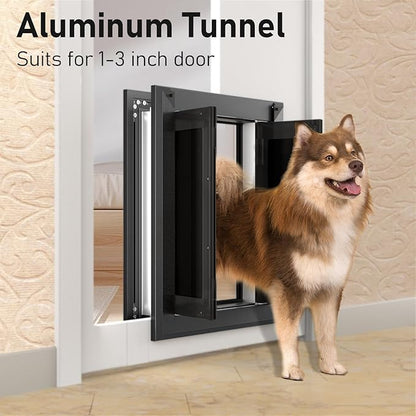Aluminum French Extra Large Dog Door, Heavy-Duty with Strong Double Magnetic Flaps & Aluminum Telescoping Tunnel, for X-Large/Large Dogs Up to 200LBS - Black,
