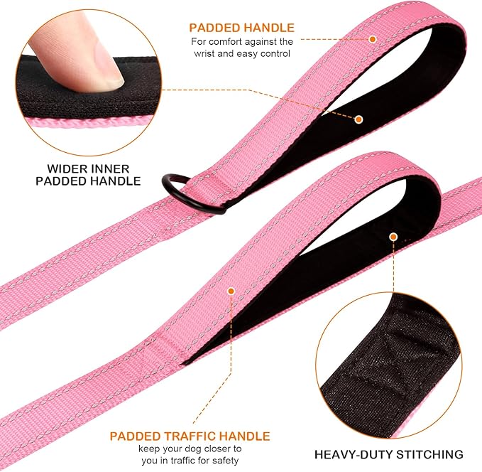 Joytale Dog Leash Heavy Duty for Large Dogs that Pull, Double Handle for Traffic Control, Double-Sided Reflective Leashes for Large Medium Dogs Night Safety, 4FT, Pink