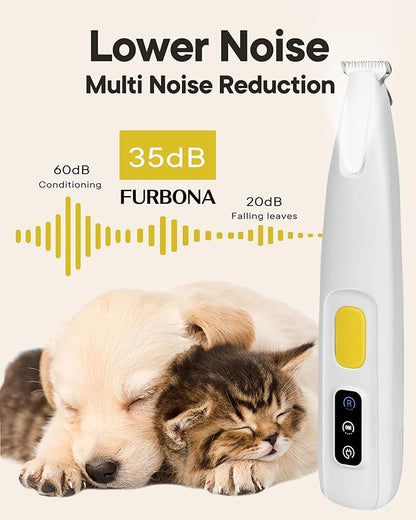 FURBONA Upgraded Dog Paw Trimmer with LED Light, 18 mm Widen Blade, 35 dB Low Noise, LED Display, Fully Waterproof, Rechargeable Clipper for Dogs Cats Trimming Paws, Eyes, Ears, Face, and Rump