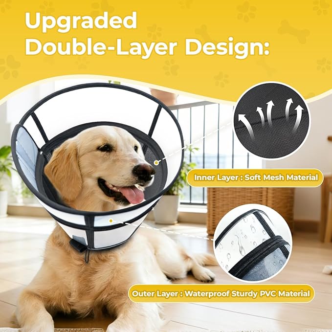 Upgraded Dog Cone Collar for Dogs After Surgery, Soft Transparent Pet Recovery Collar for Large Medium Small Dogs, Depth Adjustable Dog Cone Collar, Elizabethan Collar (XXL, Black)