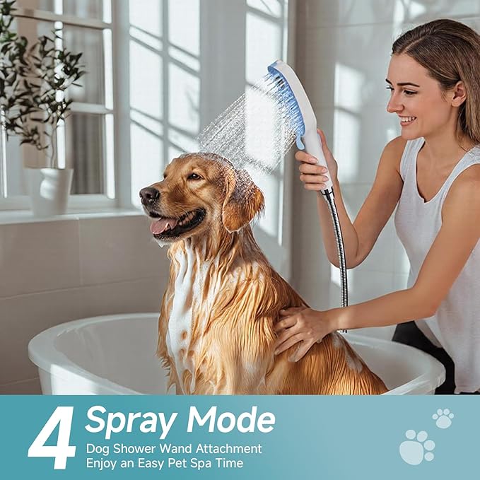 SR SUN RISE Dog Shower Attachment for Thick Haired Dogs, 4 Spray Mode Pet Bath Sprayer with Stainless Steel Diverter Valve & 6.5 Foot Hose, Indoor & Outdoor Dog Washing Grooming Supplies, Blue/White