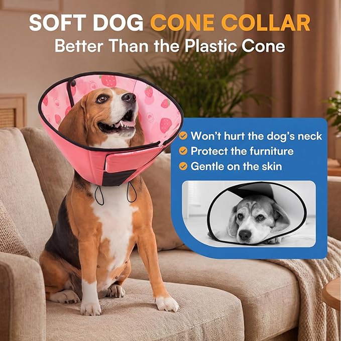 Queenmore Dog Cones for Medium Dogs, Dog Cone Collar After Surgery, Soft Cone for Dogs Wound Care, Spay, Neuter, Breathable Pet Surgery Collars & Cones, Strawberry M