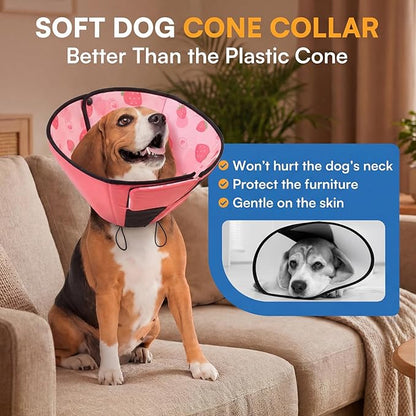 Queenmore Dog Cone, Dog Cones for Small Dogs, Adjustable Soft Cone for Dogs Recovery Collars & Cones, Comfortable Pet Cone After Surgery for Wound Healing, Strawberry S