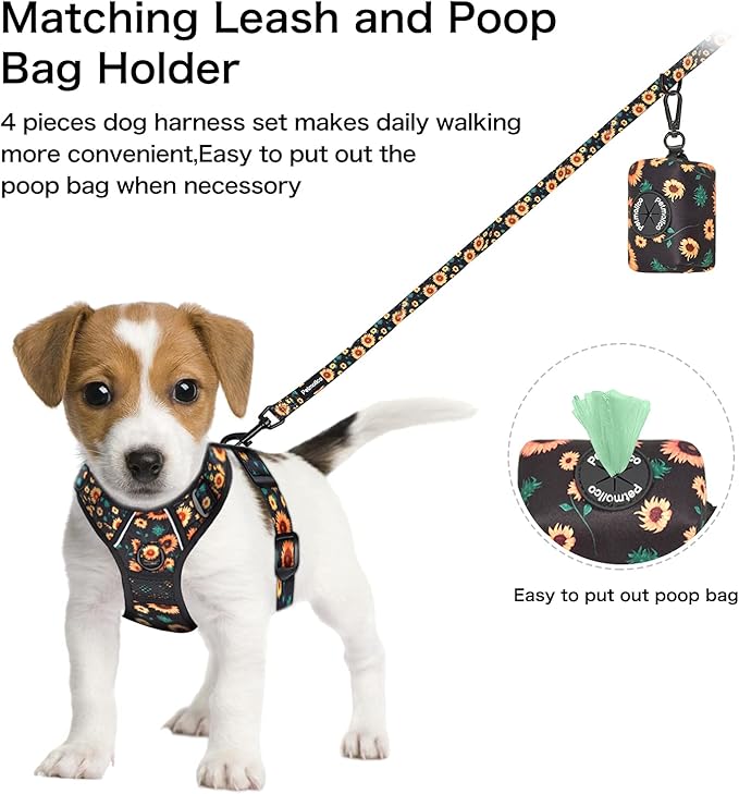 Petmolico No Pull Dog Harness Set with Leash Attachment Easy Control Handle Reflective Harness Vest Small Breed, Puppy Vest and Leash Set with Poop Bag Holder, Large - Sunflower