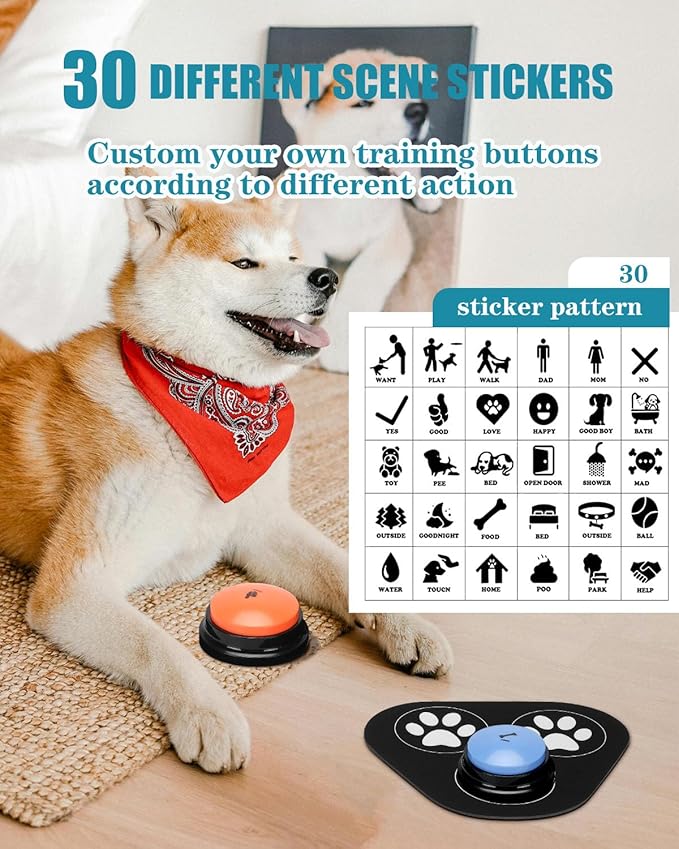 Dog Buttons for Communication, 9 Pcs Dog Talking Button Set, 30s Voice Recording Speaking Button Pet Speech Training Buzzers with 30 Scene Stickers and Waterproof Anti-Slip Mat for Animal Training