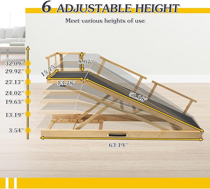 6 Level Height Adjustable Dog Ramp for Bed, Couch 65" Foldable Pet Ramp with Non-Slip Mat，DIY Glow Strips & Rest Platform Heavy Duty Dog Stairs for Large Dogs up to 200Lbs ，Wood Color