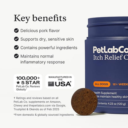 PetLab Co. Itch Relief Chews - Support for Dry, Occasionally Itchy Skin & Coats - Formulated with Turmeric, Omega 3 & 6, Honey - Packaging May Vary