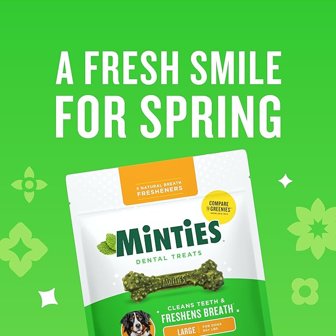 Minties Dental Chews for Dogs, 12 Count, Vet-Recommended Mint-Flavored Treats for Large Dogs Over 50 lbs, Dental Bones Clean Teeth, Fight Bad Breath, and Removes Plaque and Tartar