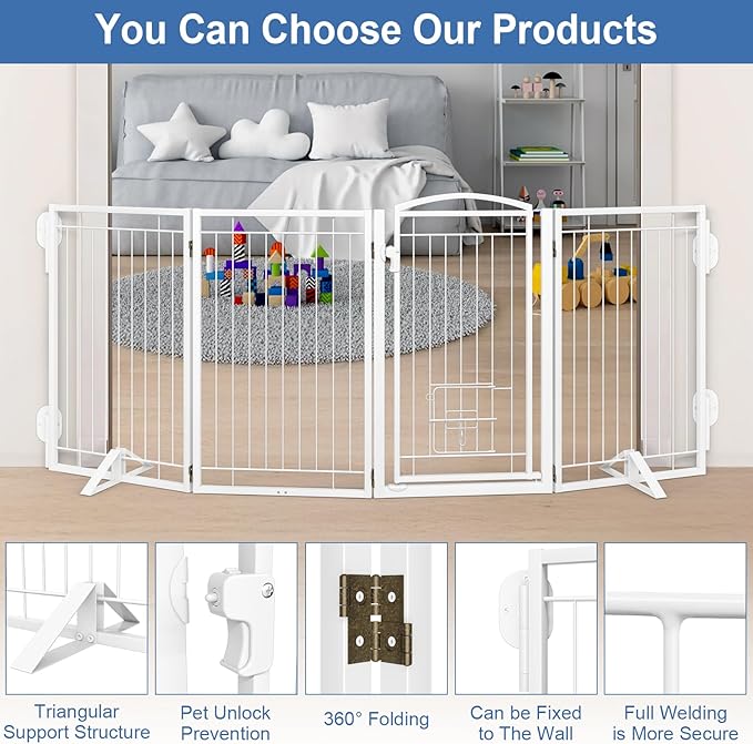 Metal Freestanding Dog Gate with Cat Door for Indoor/Outdoor,80" Extra Wide Foldable Pet Gate,32" Tall Foldable Indoor Dog Fence for Large Openings Stairs,Deck,Yard,Doorways(4 Panels,White)