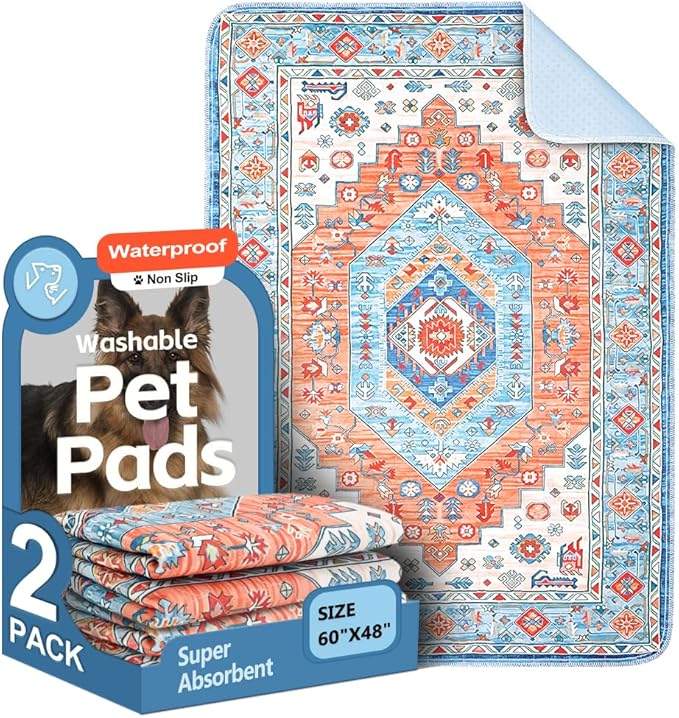 Washable Pee Pads for Dogs 2 Pack Reusable Puppy Training Pads 60"x48" Super Absorbent Waterproof Dog Training Pads, Non-Slip Potty Pads Whelping Pads Litter Mat Pet Supplies - Orange/Mix