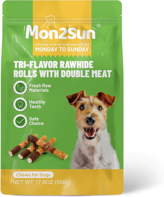 MON2SUN Dog Treats, Triple Flavor 6 Inch Chicken Liver Duck and Chicken Wrapped Rawhide Sticks, Teeth Cleaning Snacks for Medium Dogs, 17.6 oz (10 Count-Pack of 2)