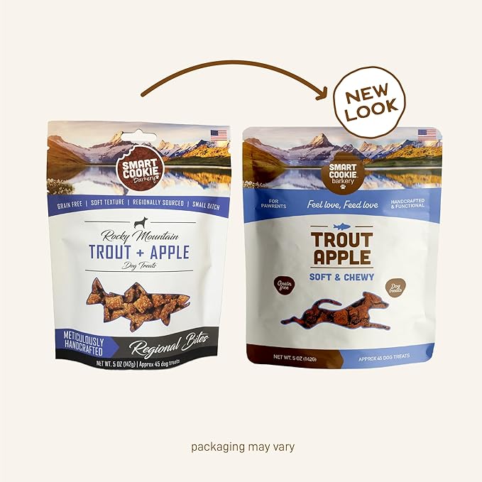 Smart Cookie All Natural Soft Dog Treats - Trout & Apple - Healthy Dog Treats for Allergies, Sensitive Stomachs - Chewy, Grain Free, Human-Grade, Made in The USA - 5oz Bag