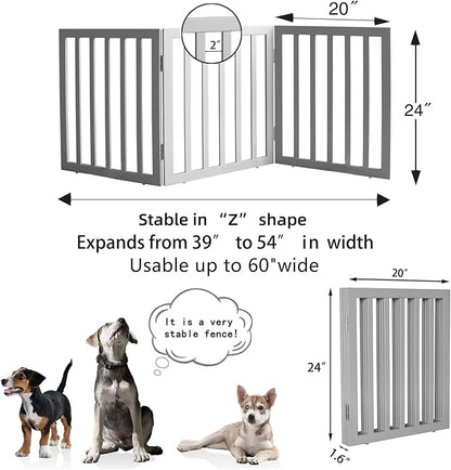ZJSF Freestanding Indoor Dog Gate for House Foldable Wood Grey Puppy Gate for Doorways Pet Gate for Stairs Extra Wide Pet Fence 24" Height 3 Panels