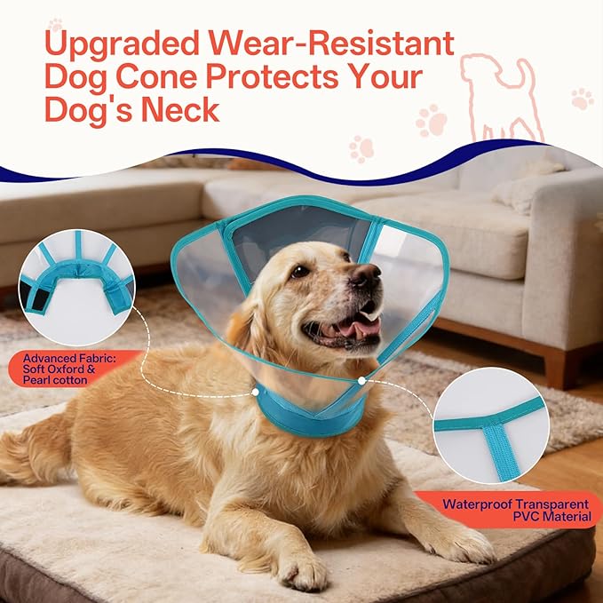 Foldable Dog Cone Collar - Adjustable Comfort Elizabethan Recovery Collar, Transparent Waterproof E-Collar for Dogs After Surgery to Stop Licking Scratching, Blue, M