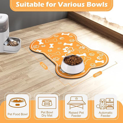 Dog Cat Mat for Food and Water,Rapid Absorbent Pet Feeding Mat, Bone Shaped Dog Placemat Bowl Mat with Rubber Backing,No Stains Pet Food Mats Indoor, Pet Accessories Supplies,Orange 16"×24"