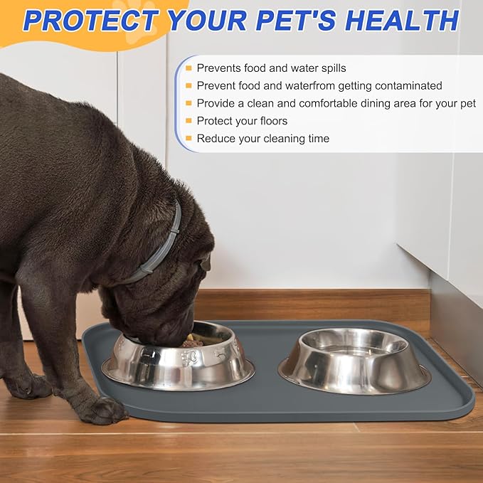SMILOOL Silicone Pet Feeding Mat with Raised Edge for Food and Water, Dog Bowl Mats, Cat Bowls Placemat with High Lip for Floor Waterproof, Rubber Tray for Cats and Dogs 24 x 16 x 0.8 Dark Grey