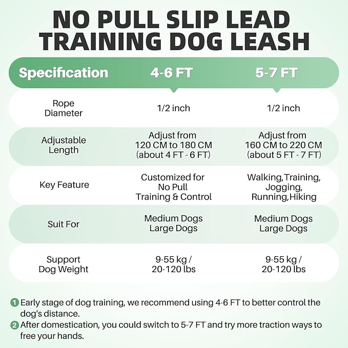 SlowTon Slip Lead for Dogs - Hands Free No Tangle Adjustable 5-7 FT 1/2” Rope, Heavy Duty Nylon Leash for Large Medium Dogs that Pull, No Pull Training Slip Leashes, 20-120lb, Green