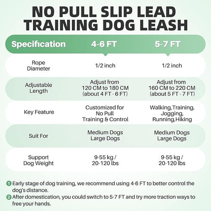SlowTon Slip Lead for Dogs - Hands Free No Tangle Adjustable 5-7 FT 1/2” Rope, Heavy Duty Nylon Leash for Large Medium Dogs that Pull, No Pull Training Slip Leashes, 20-120lb, Green