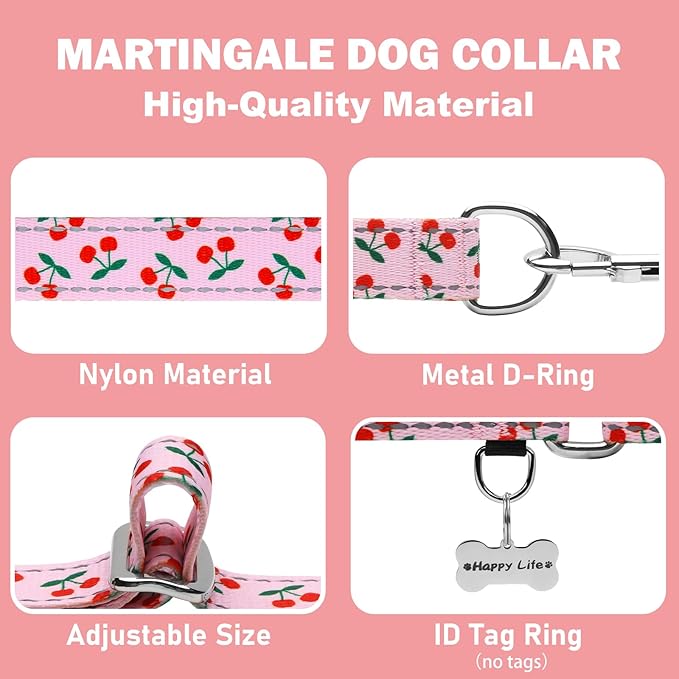 Reflective Martingale Collar for Dogs Nylon Training Collar with No Buckle No Pull Cute Dog Collar for Large Dogs（Pink Cherry，L）