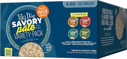 Tiki Dog Savory Pate Wet Dog Food, Variety Pack, 3 oz. Cup (10 Count)