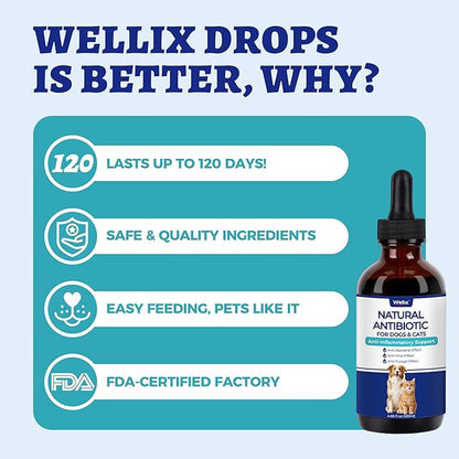 Wellix 120ml Natural Antibiotics for Cats&Dogs - Natural Herbal Supplement for Wound Care, UTI, Sneezing Treatment & Cold Relief - Cat Antibiotics Chicken Flavor for All Ages & Breeds