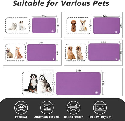 HotLive Dog Food Mat - Absorbent Cat Mat for Food and Water, No Stains Pet Feeding Bowl Mat, Easy to Clean Pet Placemats, Quick Dry Dog Water Dispenser Mat for Messy Drinkers | Paw Purple 12"x 19"