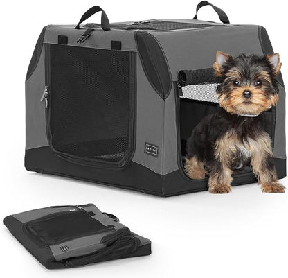 PETSFIT Collapsible Dog Crate, Portable Dog Crate - 24 Inch Sturdy Adjustable Structure, Easy to Set Up, Portable Dog Crate for Car, Light Tough with 3 Mesh Doors Grey