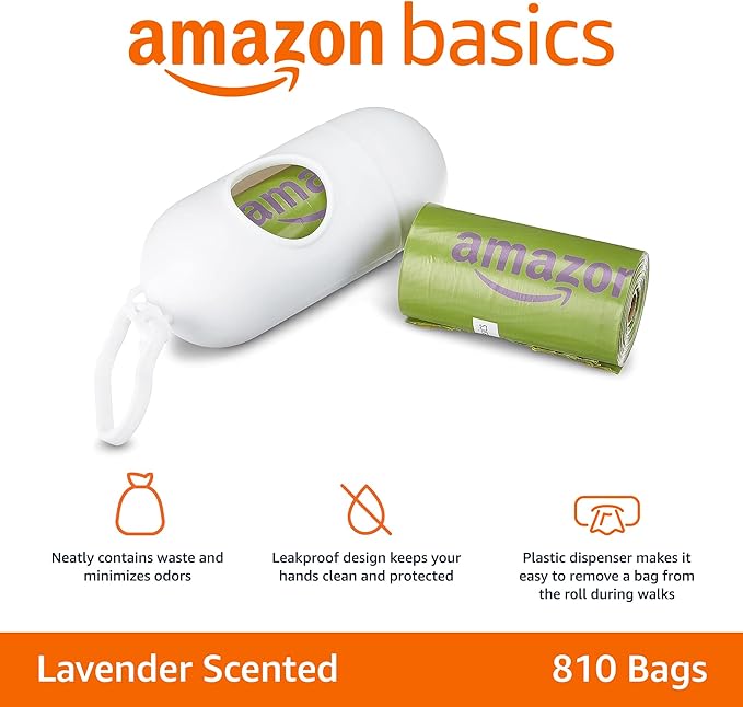 Amazon Basics Premium Leak Proof Dog Poop Bags with Dispenser and Leash Clip, Lavender Scented, 13" x 9", 810 Count (54 Rolls of 15)