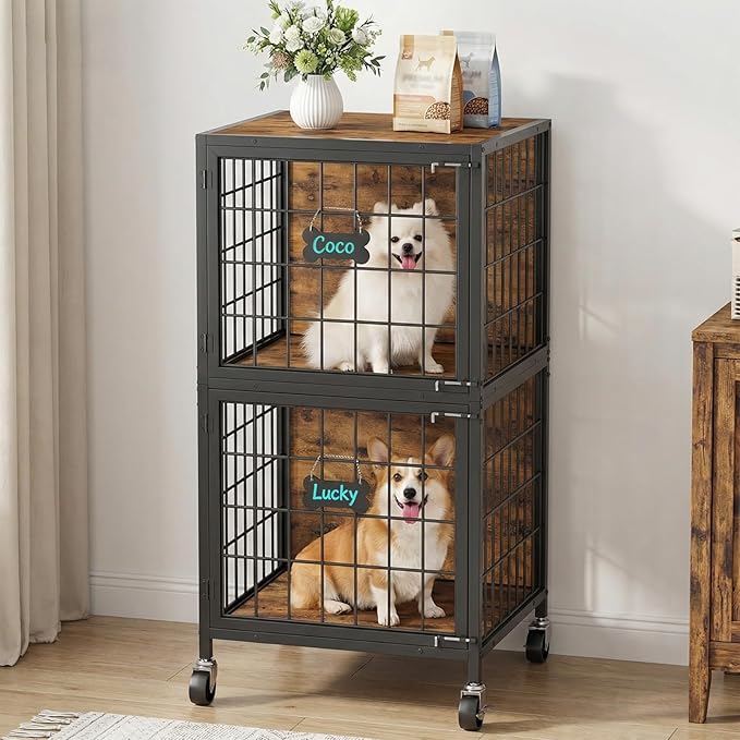 MAHANCRIS Dog Crate Furniture for 2 Dogs, 48.8" Tall Double Dog Kennel Furniture for Small Medium Dogs, 2-Tier Dog Cage End Table with Name Tags & Wheels, Decorative Dog House, Rustic Brown DCHR5401