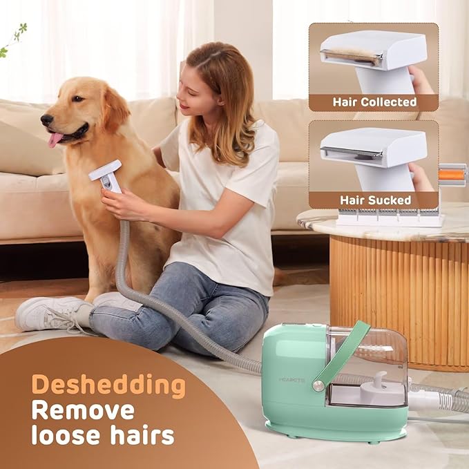 HEAPETS Dog Grooming Vacuum Kit - 3L Vacuum with 7 Tools, Low Noise Electric Clipper and Brush for Pet Shedding at Home, Green