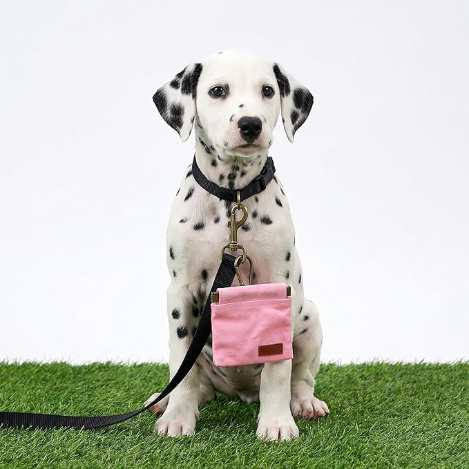 2 Pcs Dog Treat Pouch Hand Free Pet Training Pouch Canvas Training Bag with Carabiner Portable Pet Dog Walking BagSelf-Closing Pets Feed Snack Reward Behavior Aids for Puppy Travel Outdoor Pink Black