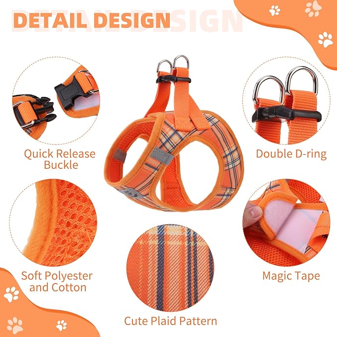 KOOLTAIL Thanksgiving Dog Harness for Small Medium Dogs,Dog Harness and Leash Set, Step in No Pull Soft Mesh Padded Adjustable and Reflective Pet Vest Puppy, Extra Harness for XS S Dogs Orange Plaid S