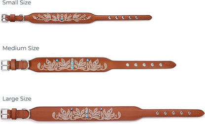 Blueberry Pet Western Dog Collar in Canyon Brown - 12-15 Inch Necks Floral-Embroidered Leather with Turquoise Studs, Adjustable