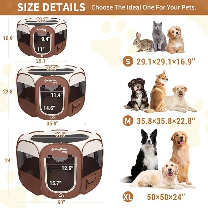 KingCamp Dog Playpen, Portable Foldable Cat Kitten Puppy Tent Crates 29"/36"/50" Pop Up Pet Playpen with Zippered Bottom & Cover for Indoor Outdoor Use (X-Large, Khaki)