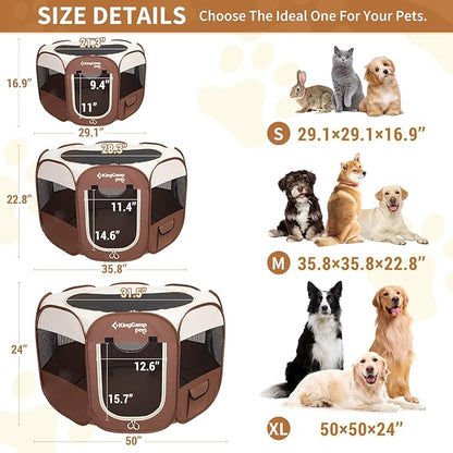 KingCamp Dog Playpen, Portable Foldable Cat Kitten Puppy Tent Crates 29"/36"/50" Pop Up Pet Playpen with Zippered Bottom & Cover for Indoor Outdoor Use (Medium, Khaki)