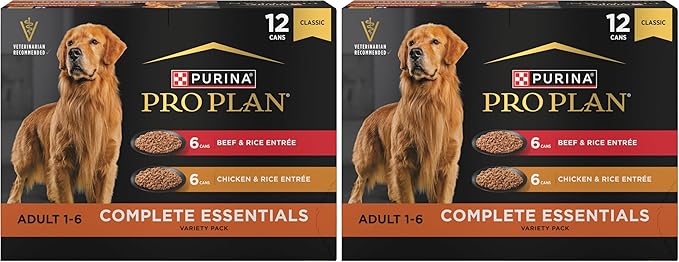 Purina Pro Plan Complete Essentials Wet Dog Food Chicken and Rice Entree and Beef-and Rice Entree Variety Pack - 13 oz. Cans,(Pack of 24)