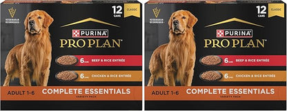 Purina Pro Plan Complete Essentials Wet Dog Food Chicken and Rice Entree and Beef-and Rice Entree Variety Pack - 13 oz. Cans,(Pack of 24)