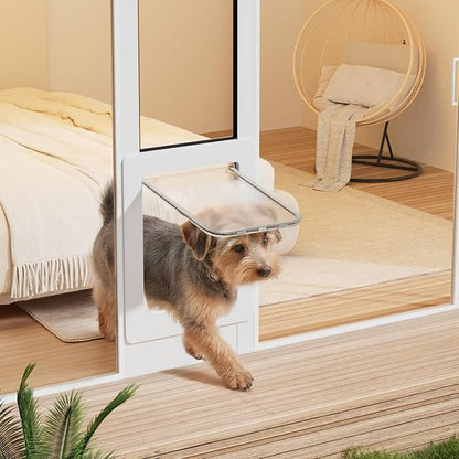 Dog Door for Sliding Glass Door with Magnetic Plastic Flat, Sliding Door Pet Doggie Door Insert with Lock, Adjustable Height No-Cut Required Doggy Door Access Renters, Apartments, Patio (White, S)