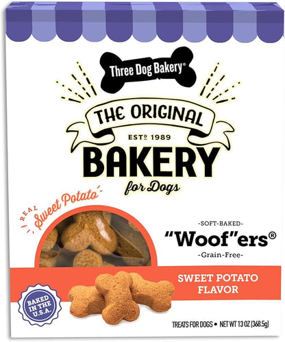 Three Dog Bakery Grain-Free “Woof”ers Sweet Potato Dog Treats - Soft-Baked Dog Biscuits for Sensitive Tummies, Human-Inspired Dog Treats, Dog Treats for Puppy Training with Real Ingredients