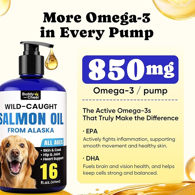 Wild Alaskan Salmon Oil for Dogs & Cats – Fast-Absorbing Fish Oil for Dogs with Krill Oil, Omega 3 6 9 Fish Oil Supplement from 8 Deep Sea Fishs for Skin, Coat, Joints & Heart -16oz (90 Day Supply)