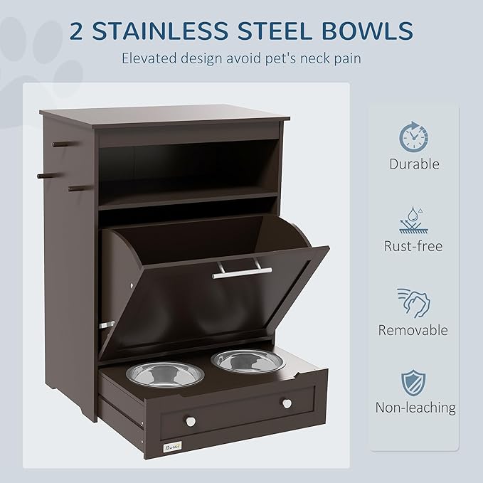 PawHut Dog Feeding Station with Raised Bowls & Storage Cabinet, Pet Feeder Cabinet Container with Hanger for Feeding & Watering Supplies, Dog Food Organizer, Brown