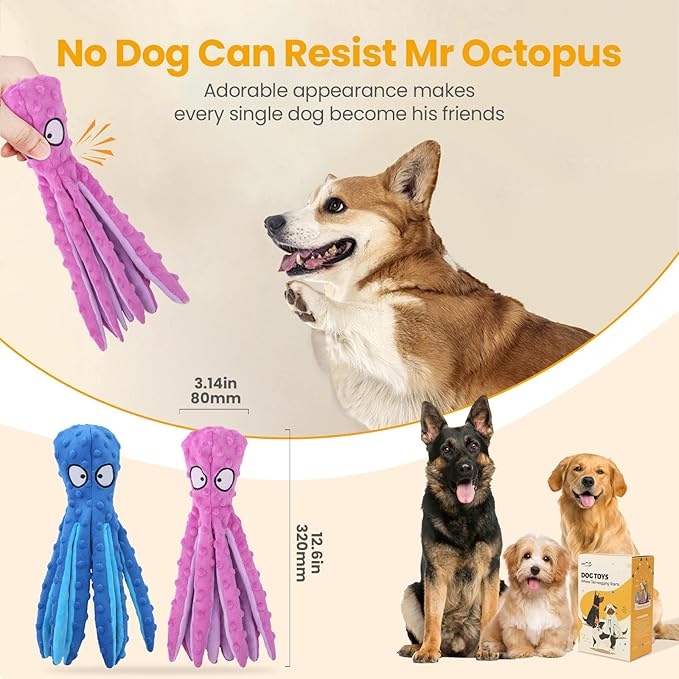 HGB Squeaky Dog Toys - Octopus No Stuffing Crinkle Plush Large Dog Toys to Keep Them Busy, Interactive Puppy Teething Chewing Pet Supplies for Chewer, Small, Medium, Large Breeds, 2 Pack